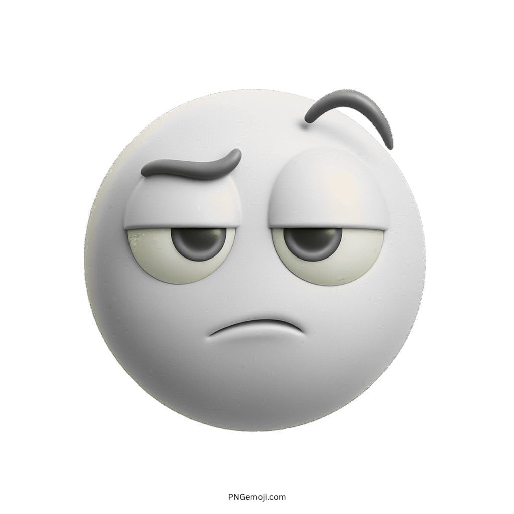 3D white emoji with sarcastic, bored facial expression and droopy eyes on transparent