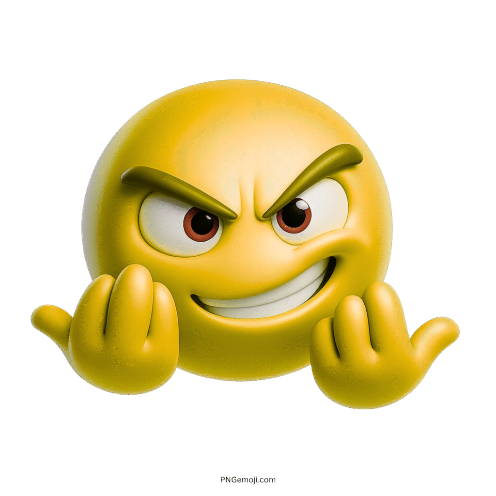 3D yellow C'Mon emoji with smirking angry face and hand gesture expression