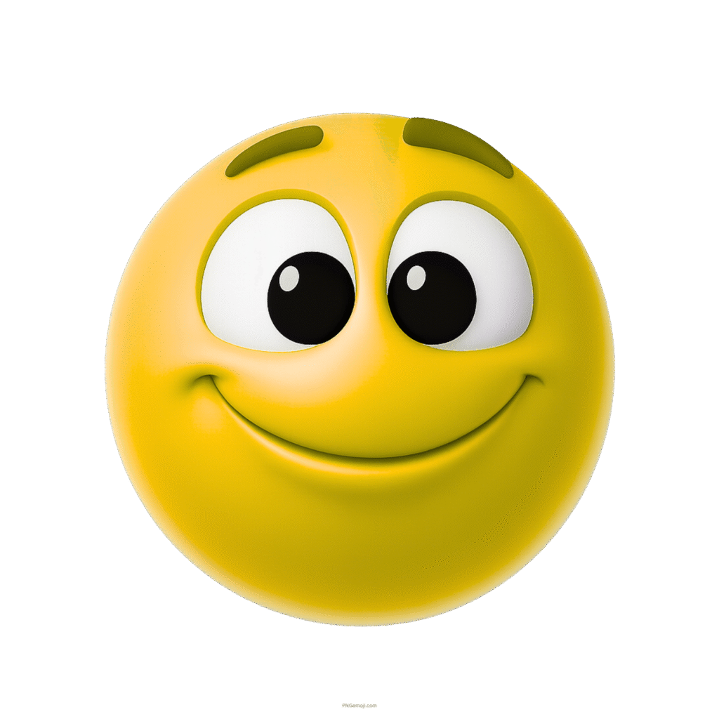 3D yellow emoji with cheerful contented smile and large expressive cartoon eyes