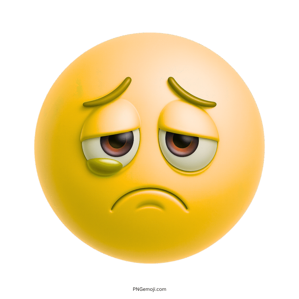 3D yellow sad emoji with teardrop, droopy eyes, and frowning emotional face