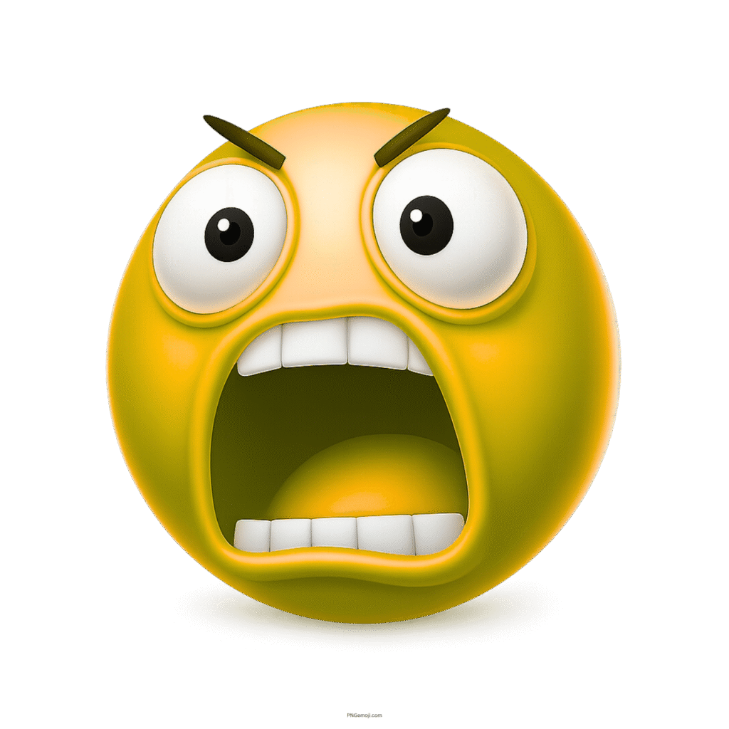 3D yellow emoji face with open mouth showing shocked and angry emotion