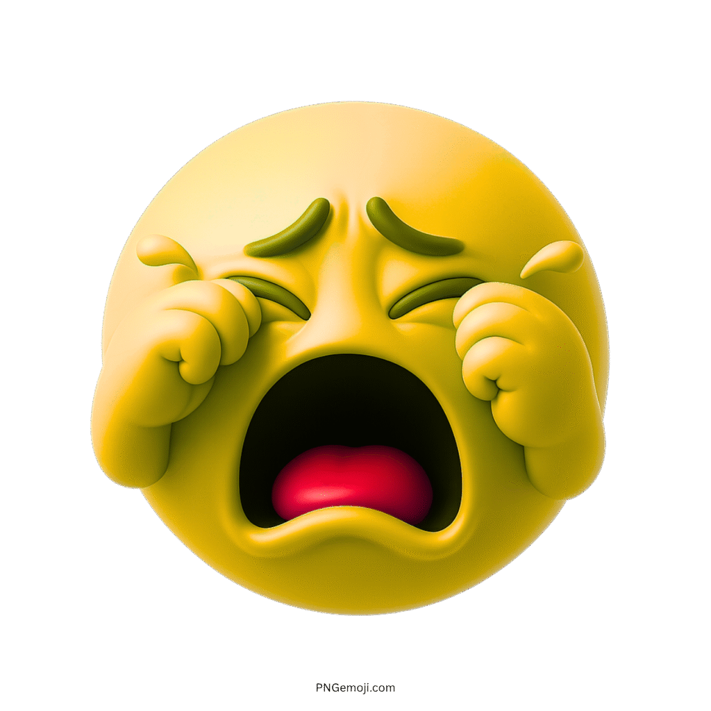 Yellow 3D weeping emoji with red mouth and teary crying facial expression