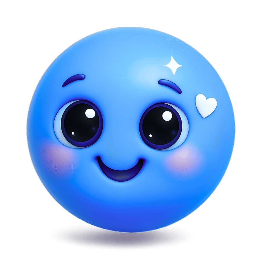 3D cute blue emoji with heart and sparkle on face, smiling expression on transparent background