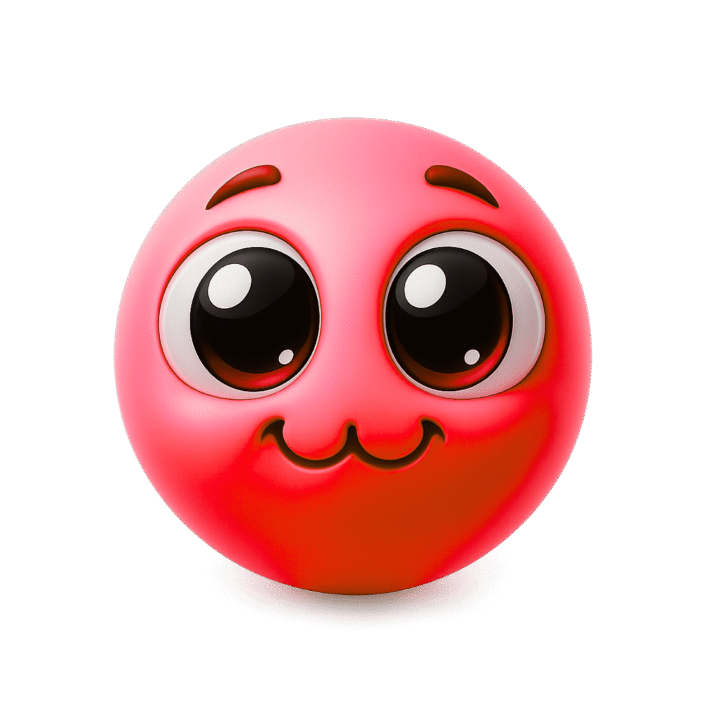 Cute Glossy 3D Pink Emoji with :3 Face Expression and Big Sparkling Eyes