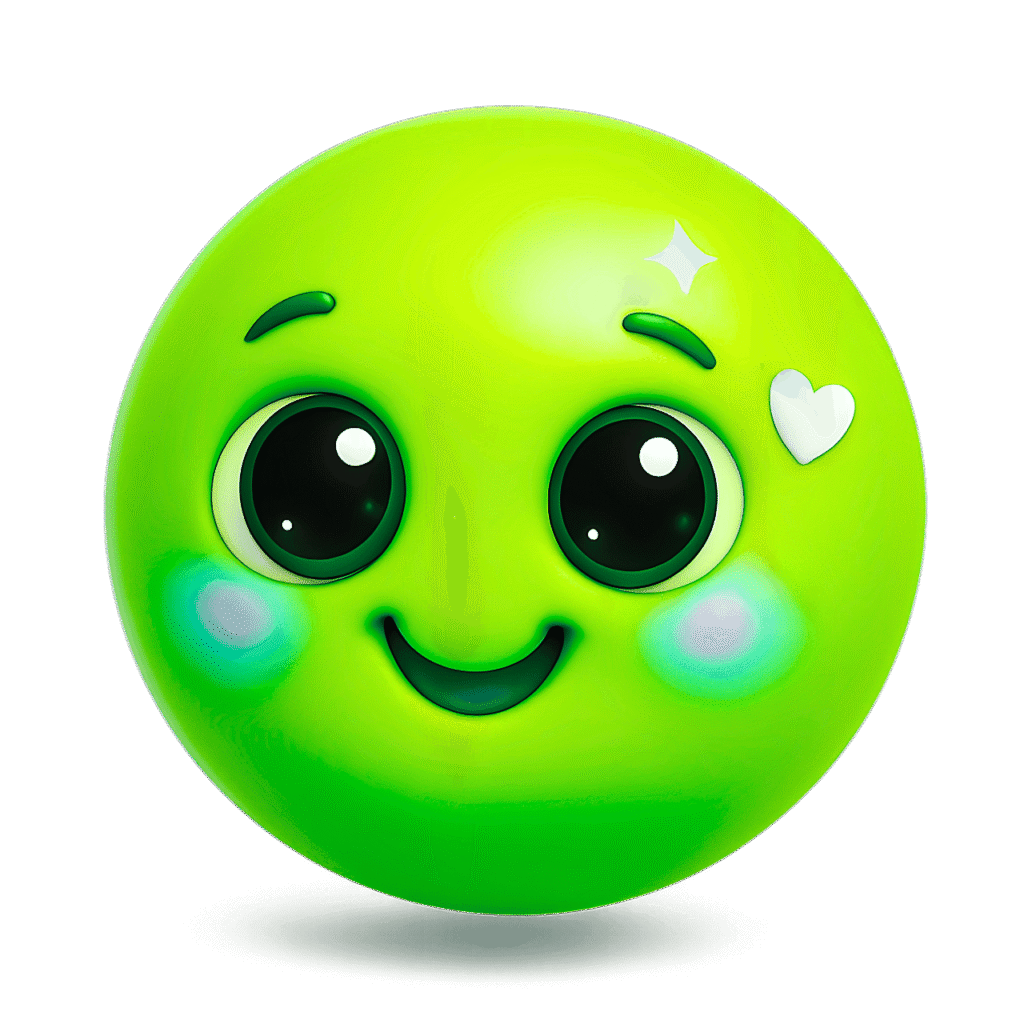 3D green emoji with big shiny eyes, white heart, and sparkle on transparent background