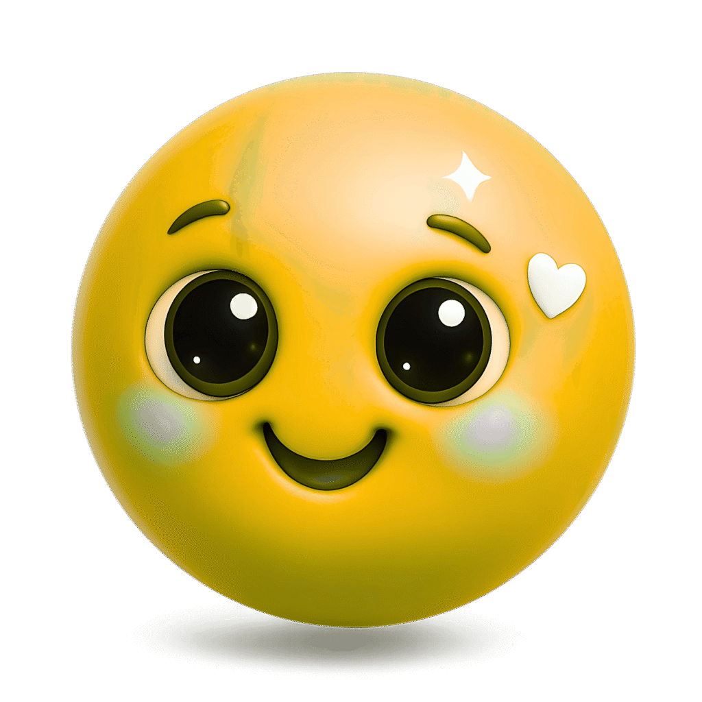 3D yellow cute emoji with big glossy eyes, heart and sparkle on transparent background
