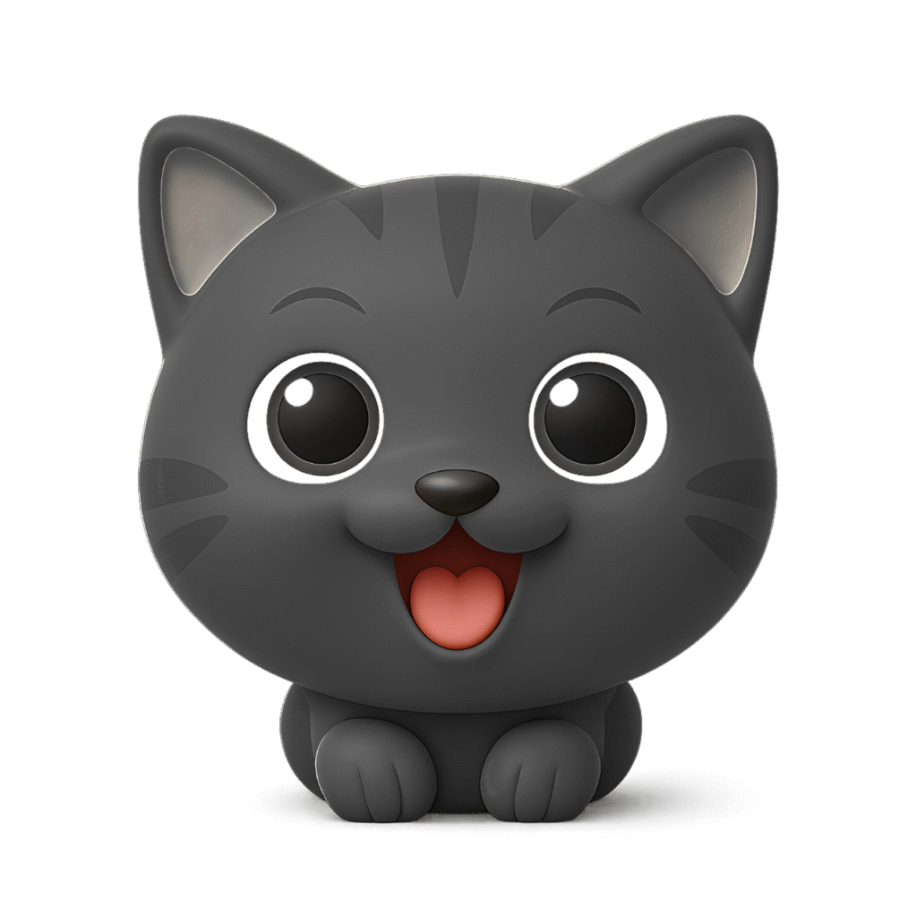 Cute Black Cartoon Cat Emoji with Big Eyes and Happy Face – Transparent PNG Clipart