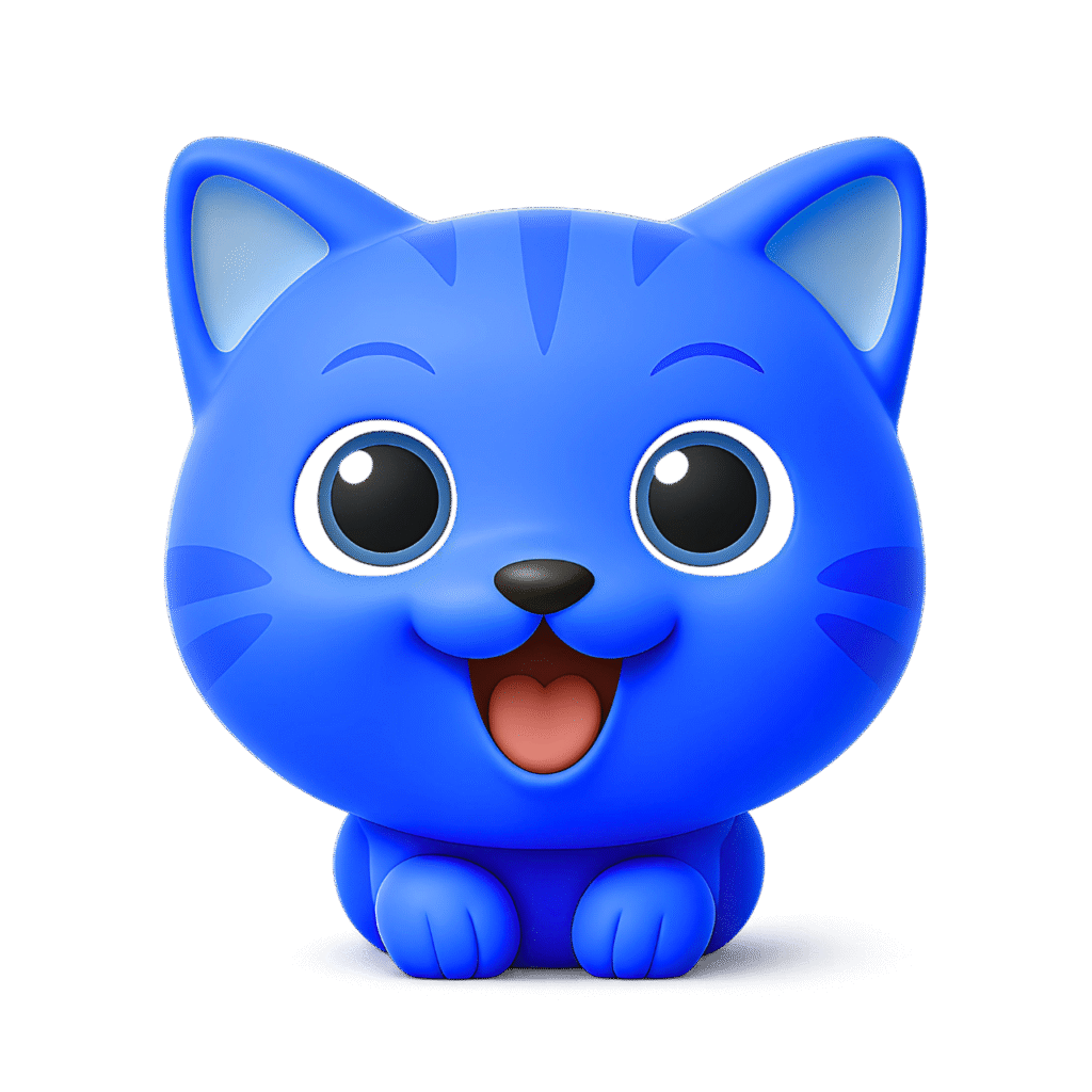 Cute Blue Cartoon Cat Emoji with Big Eyes and Happy Expression – Transparent PNG Clipart