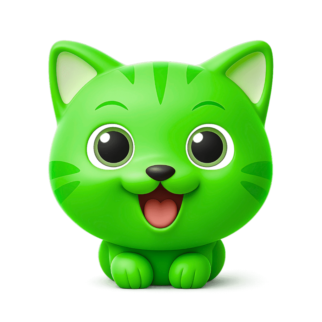 Cute Green Cartoon Cat Emoji with Big Eyes and Happy Smile – Transparent PNG Clipart