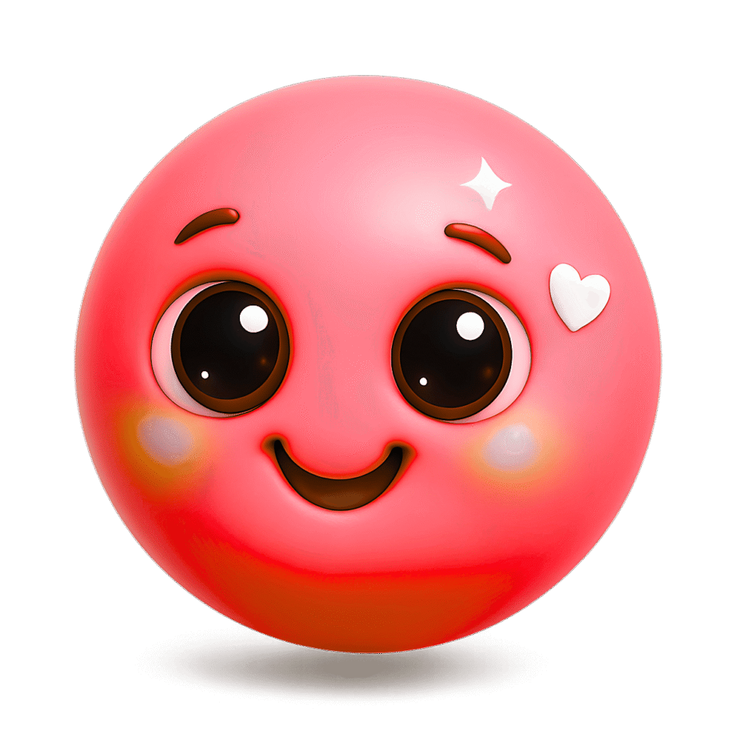 3D pink emoji with big eyes, heart icon, and sparkle &ndash; high-resolution cute face on transparent background