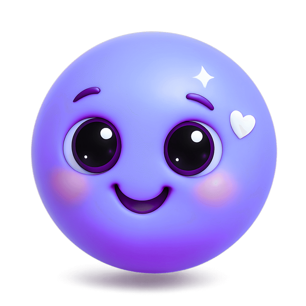 Cute purple emoji with big glossy eyes, smiling face, heart on cheek, and sparkle on forehead