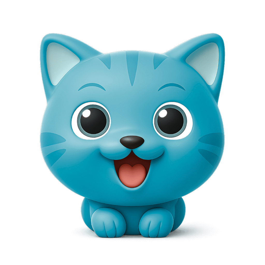 Teal Cartoon Cat Emoji – Cute Smiling Kitty Clipart with Big Eyes