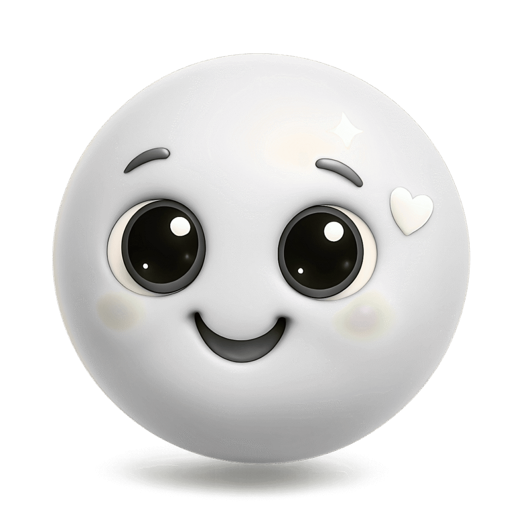 White emoji with large glossy eyes, smiling face, white heart on cheek, and sparkle on forehead