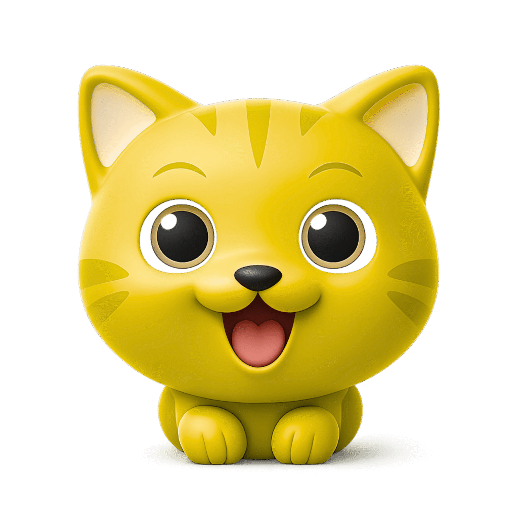 Cute Yellow Cartoon Cat Emoji with Big Eyes and Happy Face – Transparent PNG Clipart