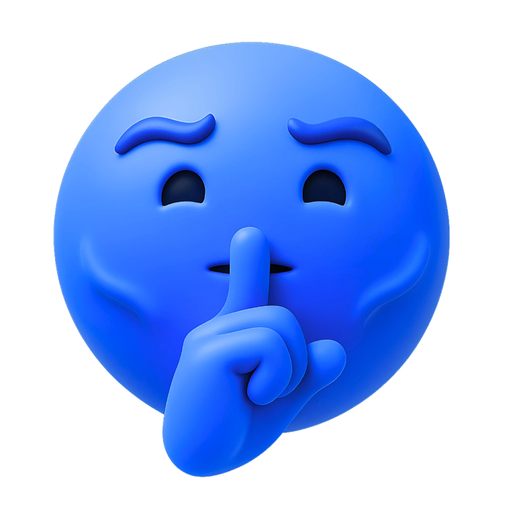 Blue 3D Alpha Sigma emoji making a "shh" gesture with finger on lips, symbolizing silence or secrecy