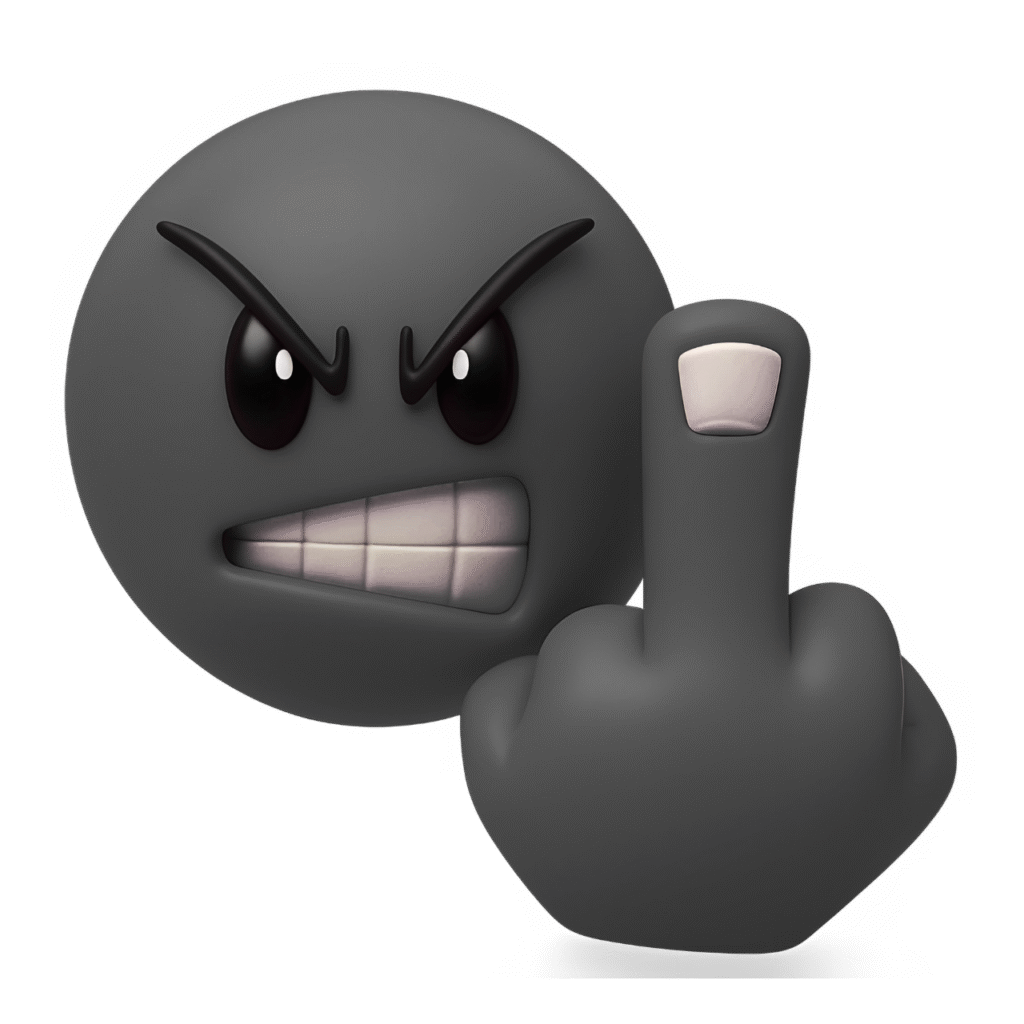 3D angry black emoji showing middle finger gesture with clenched teeth and intense brows on transparent background