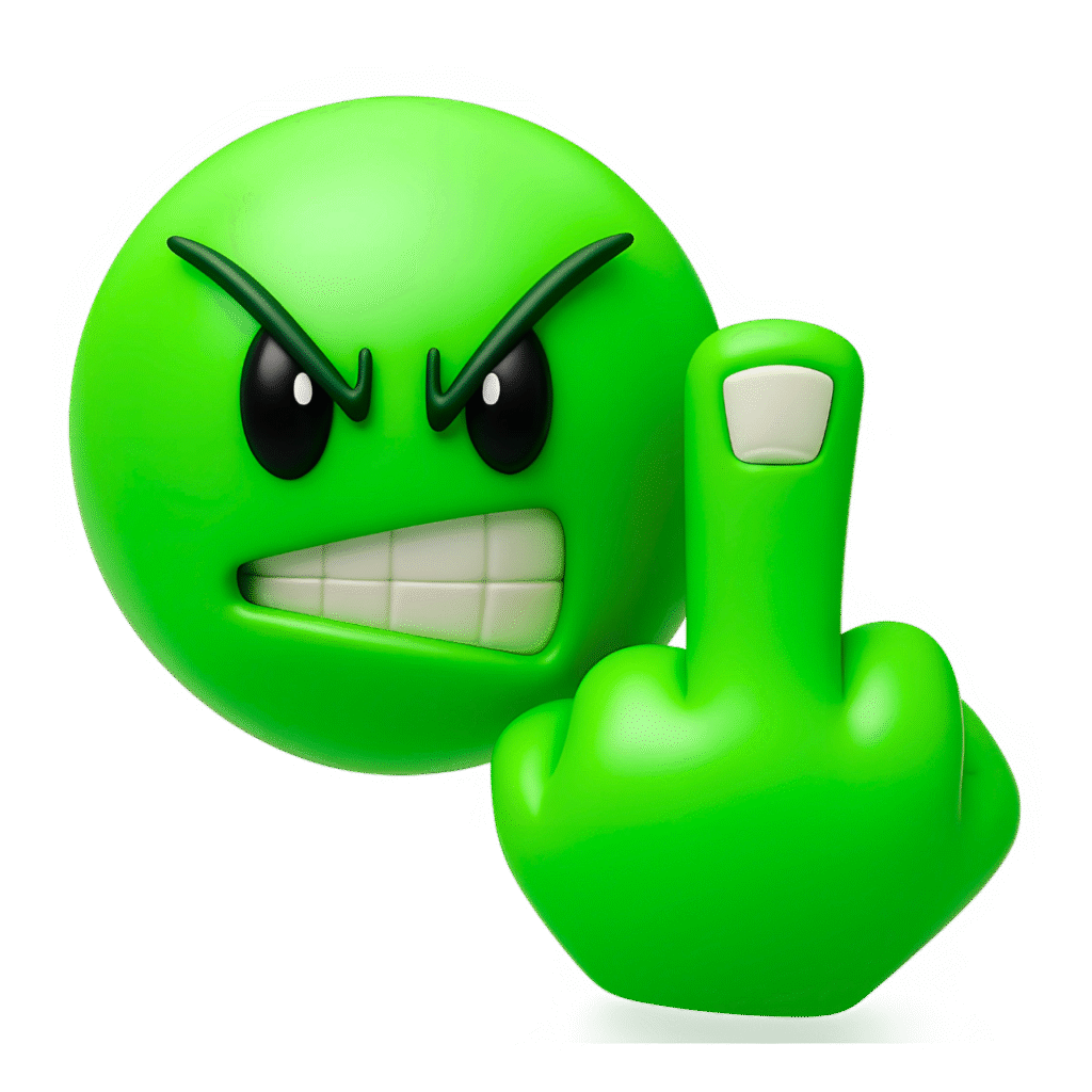 3D green angry emoji showing middle finger with clenched teeth and furrowed brows on a transparent background