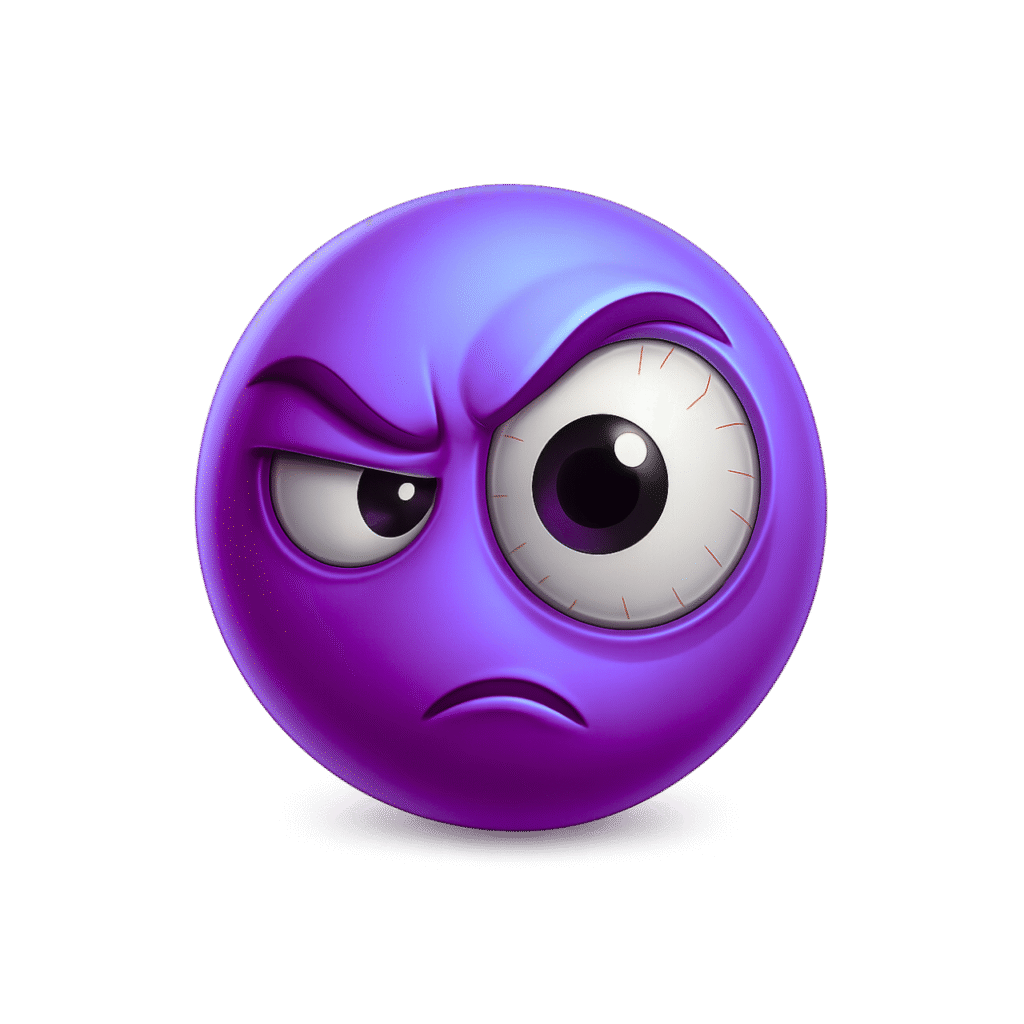 3D Purple Suspicious Emoji with One Enlarged Eye and Angry Expression – Transparent Background HD PNG ClipArt