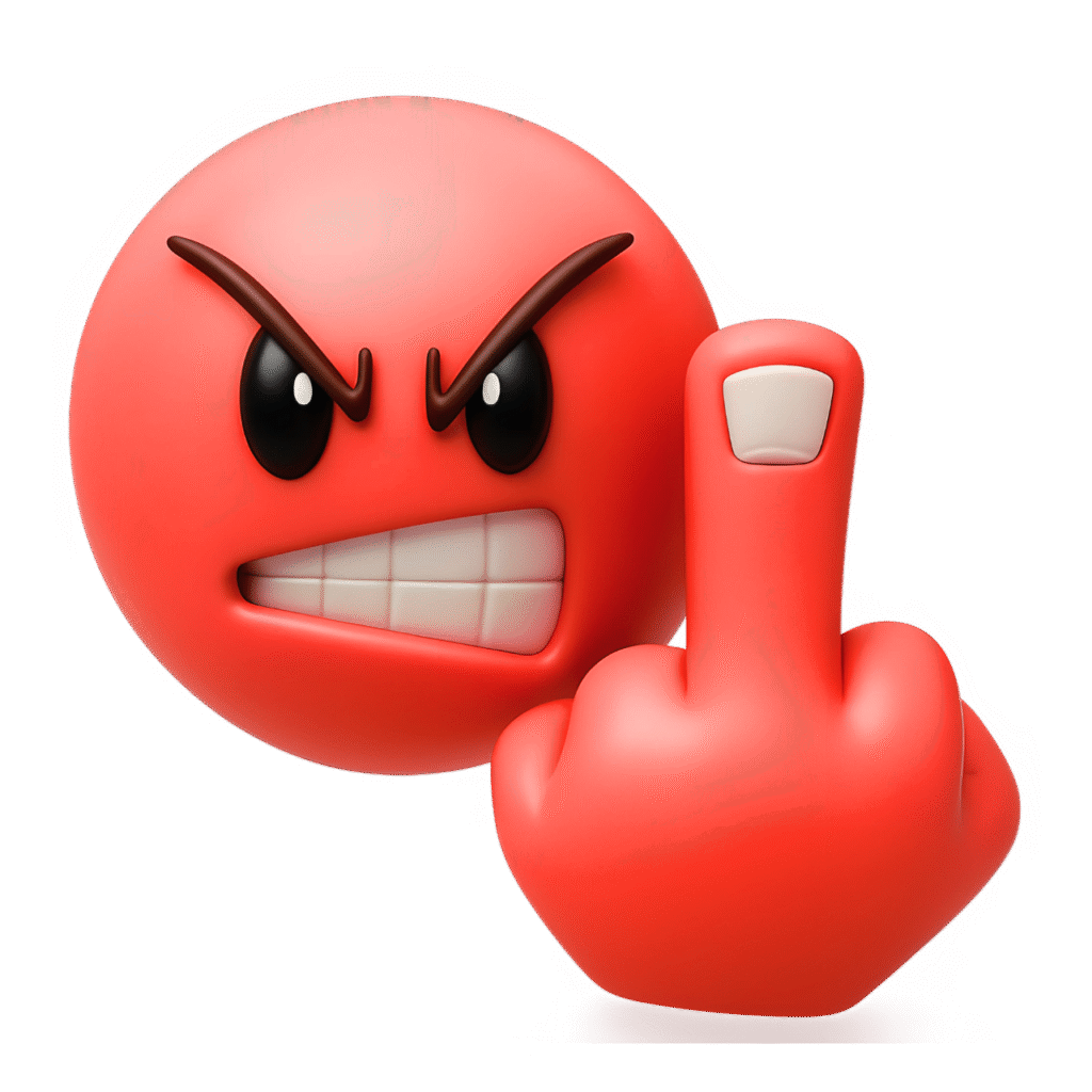 3D red angry emoji showing middle finger with clenched teeth and furious eyes on transparent background