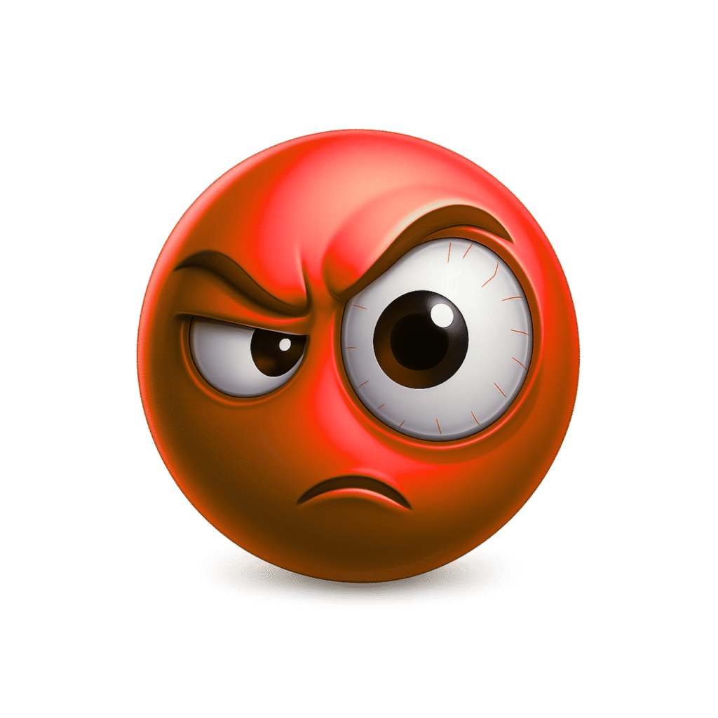 3D Suspicious Emoji with Enlarged Eye and Angry Expression – Transparent Background Red Glossy Face