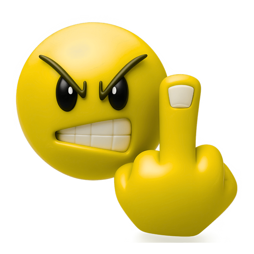 3D yellow angry emoji with gritted teeth and middle finger raised on transparent background, showing frustration and defiance