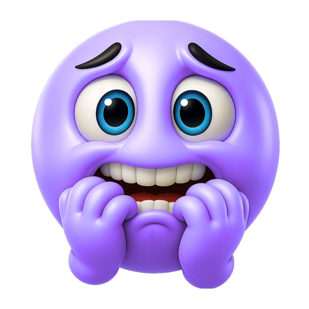 3D anxious face emoji with big blue eyes and a scared expression, purple glossy face biting nails – transparent PNG clipart