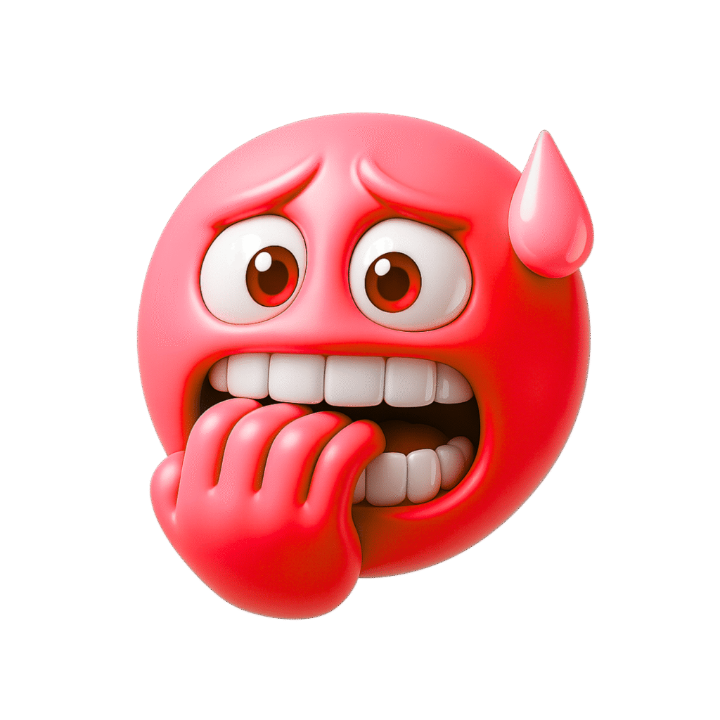 3D red emoji biting nails with anxious expression and sweat drop