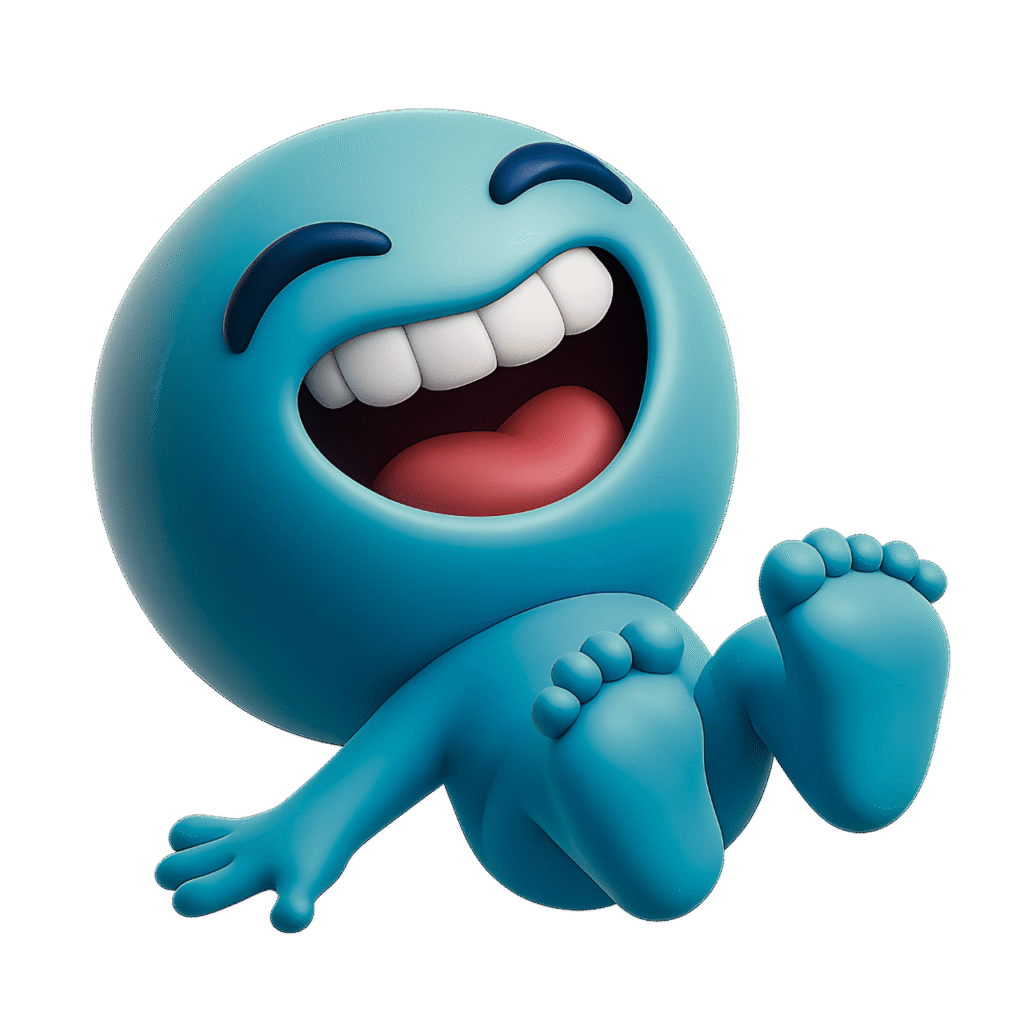 Aqua blue 3D laughing emoji with open mouth and playful rolling pose on transparent background