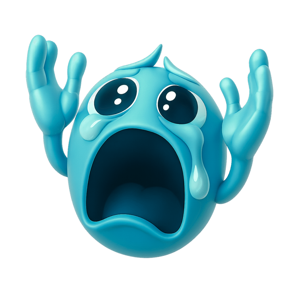 Aqua blue 3D emoji face screaming with tears, wide mouth open and hands raised, on transparent background