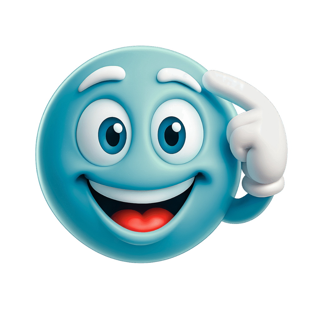 Aqua blue smart emoji with thinking gesture and happy smiling face