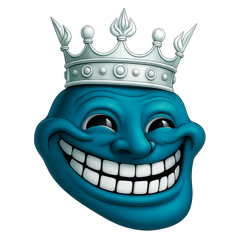 Aqua blue troll face emoji with a white crown, high-resolution transparent PNG for meme creation and digital use.