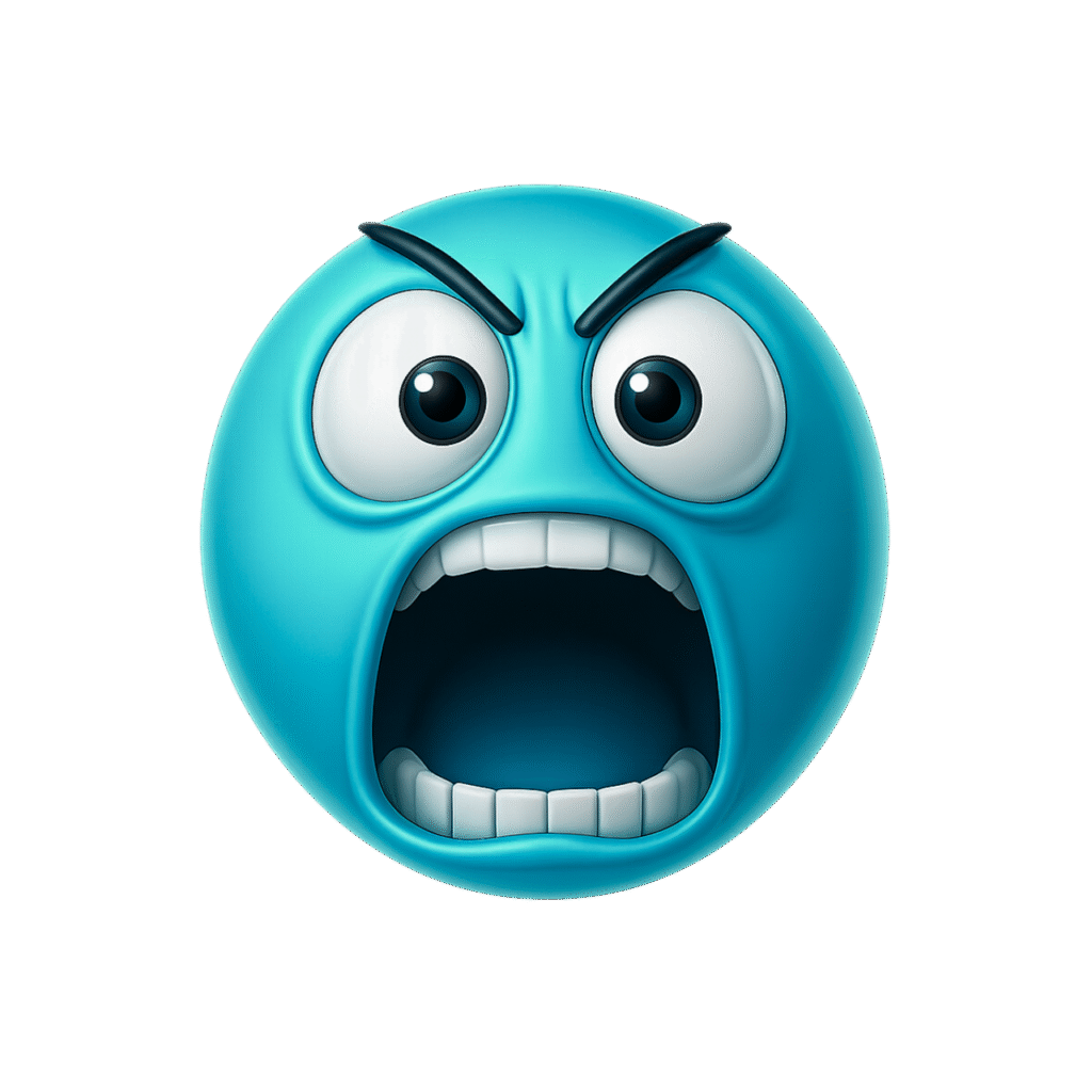 Aqua blue 3D yelling emoji with wide open mouth and raised eyebrows on transparent background