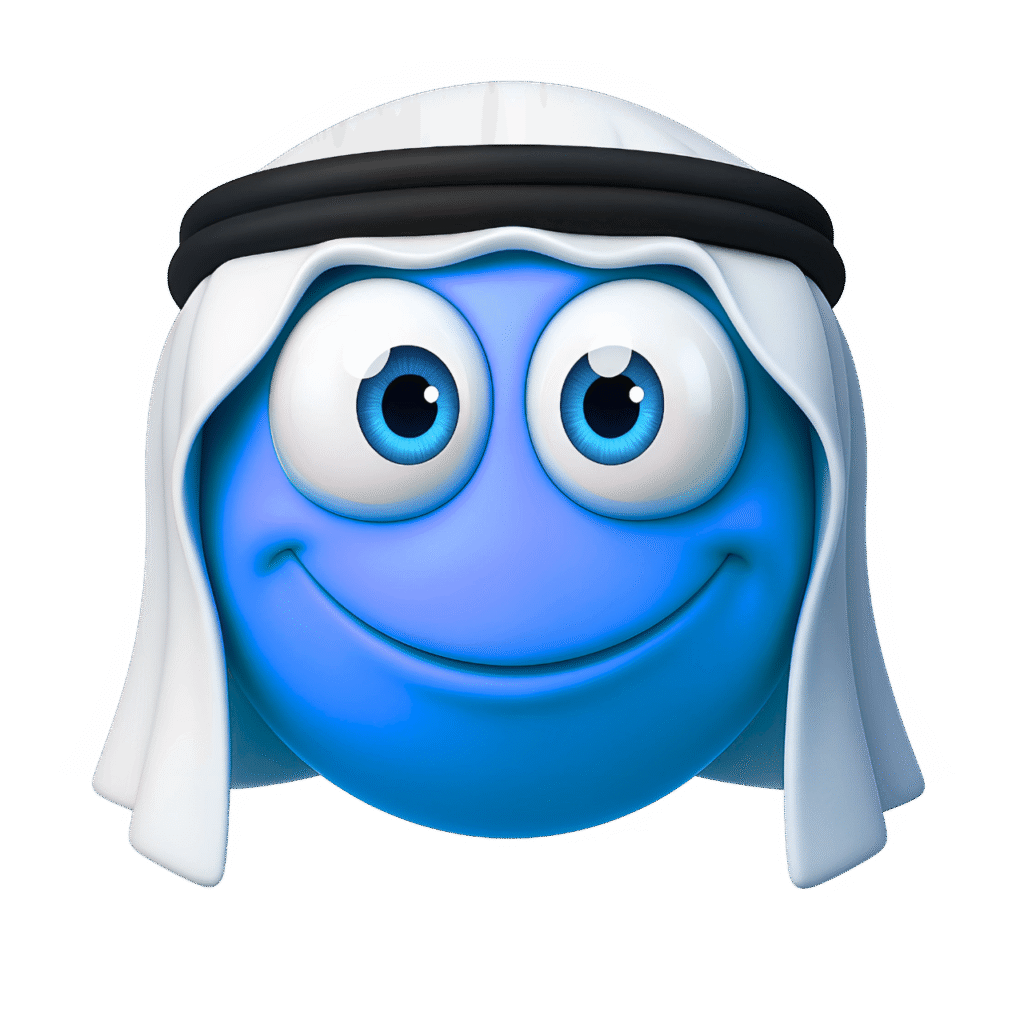 Smiling blue Arabic emoji face wearing a traditional keffiyeh and agal on a transparent background