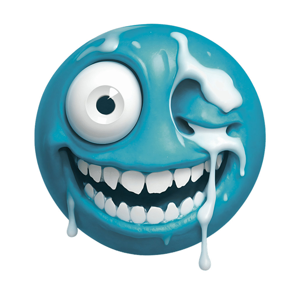 Weird blue emoji with melting goo and creepy big-tooth smile