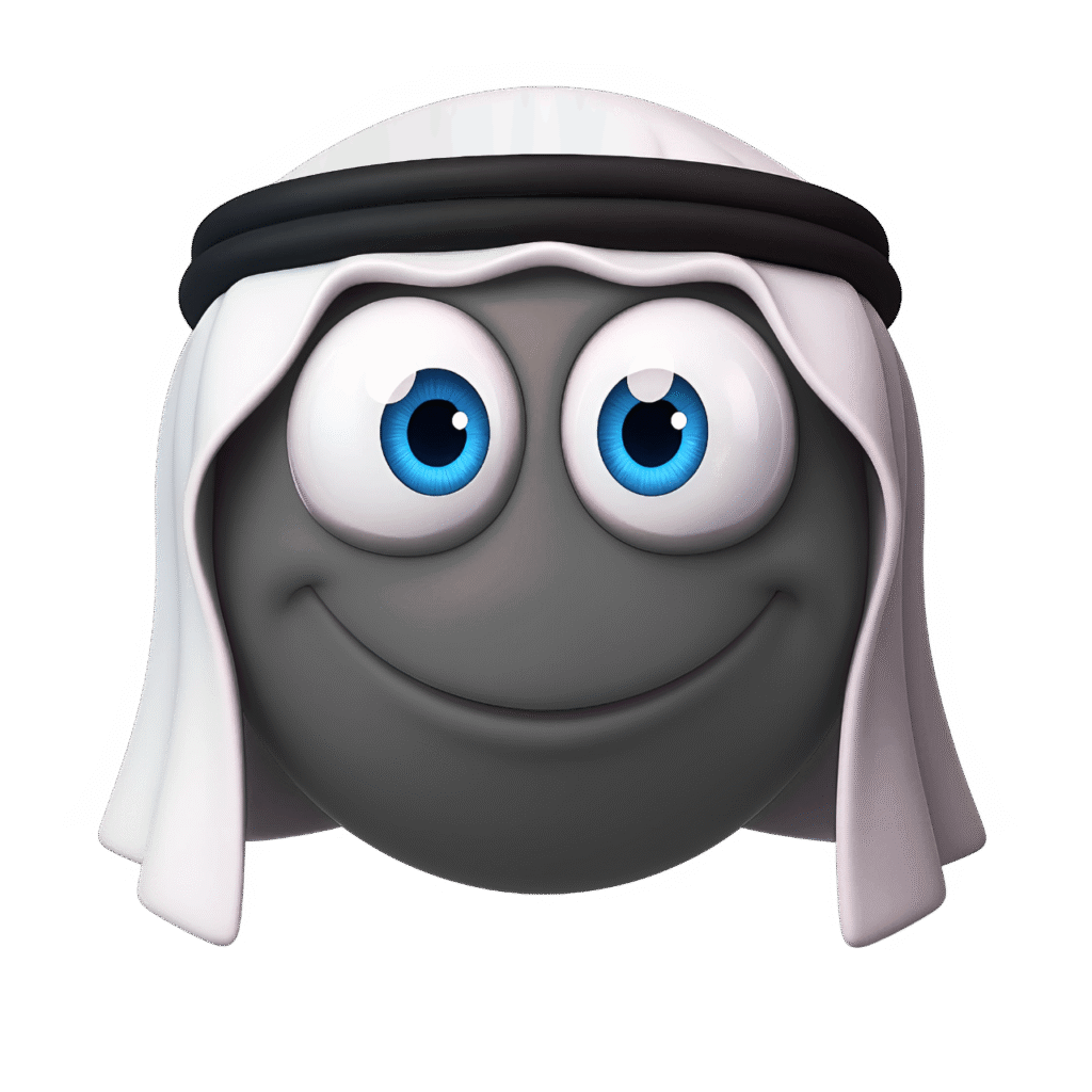 Smiling black Arabic emoji face with blue eyes wearing a white keffiyeh and black agal on transparent background