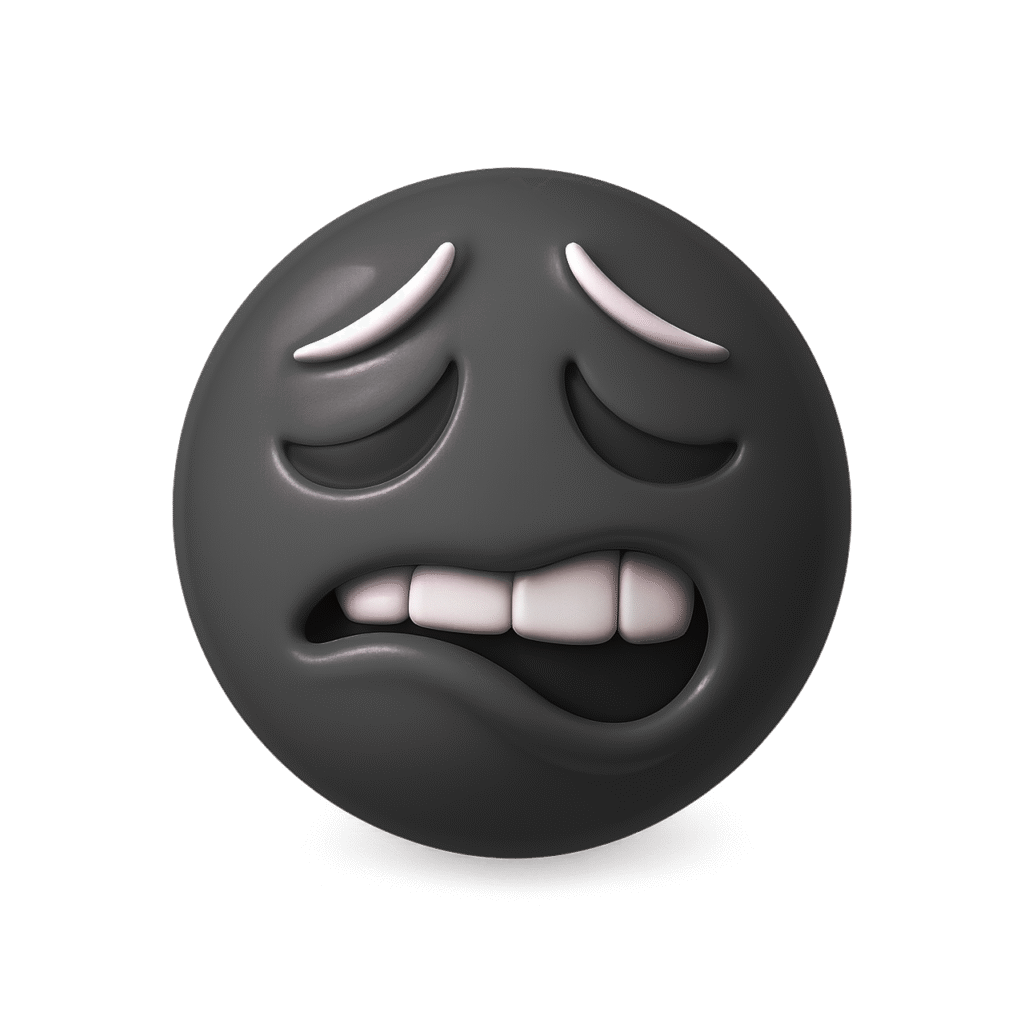 3D black bite lip emoji showing nervous expression with raised eyebrows, clenched white teeth, and glossy texture on transparent background.