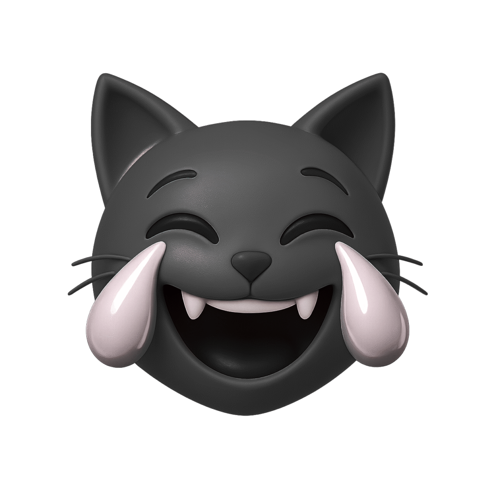 3D black cat emoji laughing with glossy white tears, cute cartoon cat face with fangs, closed eyes, and transparent background