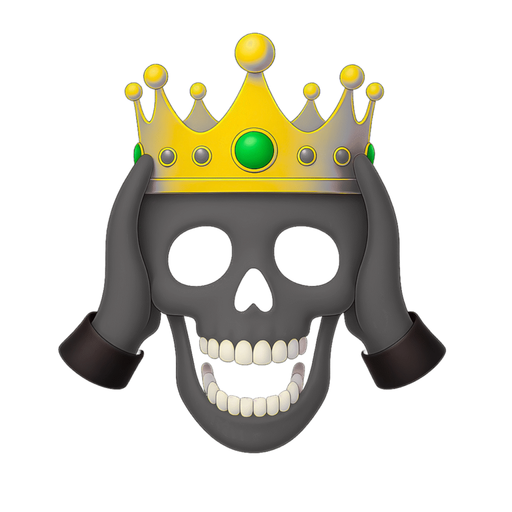 Black Skull Emoji with Golden Crown Holding Head – Transparent 3D ClipArt PNG