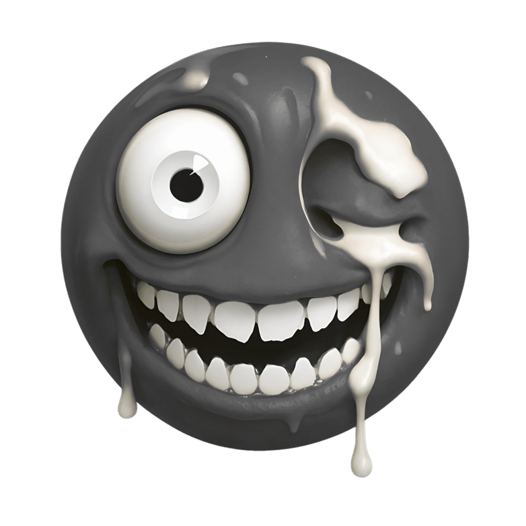 3D black freaky emoji with melting white eye and teeth, creepy slime expression, transparent background