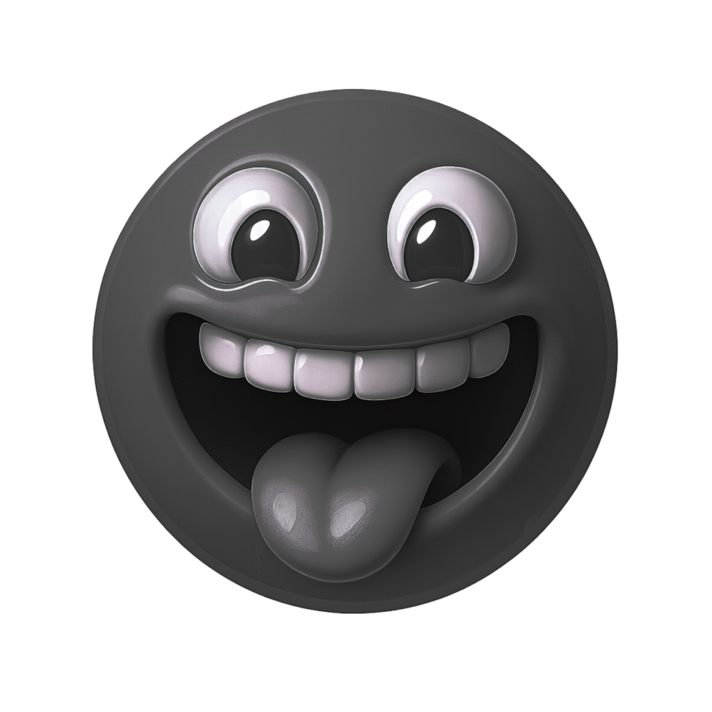Black 3D emoji face with big eyes, open mouth, tongue sticking out, and glossy finish &ndash; funny expression PNG