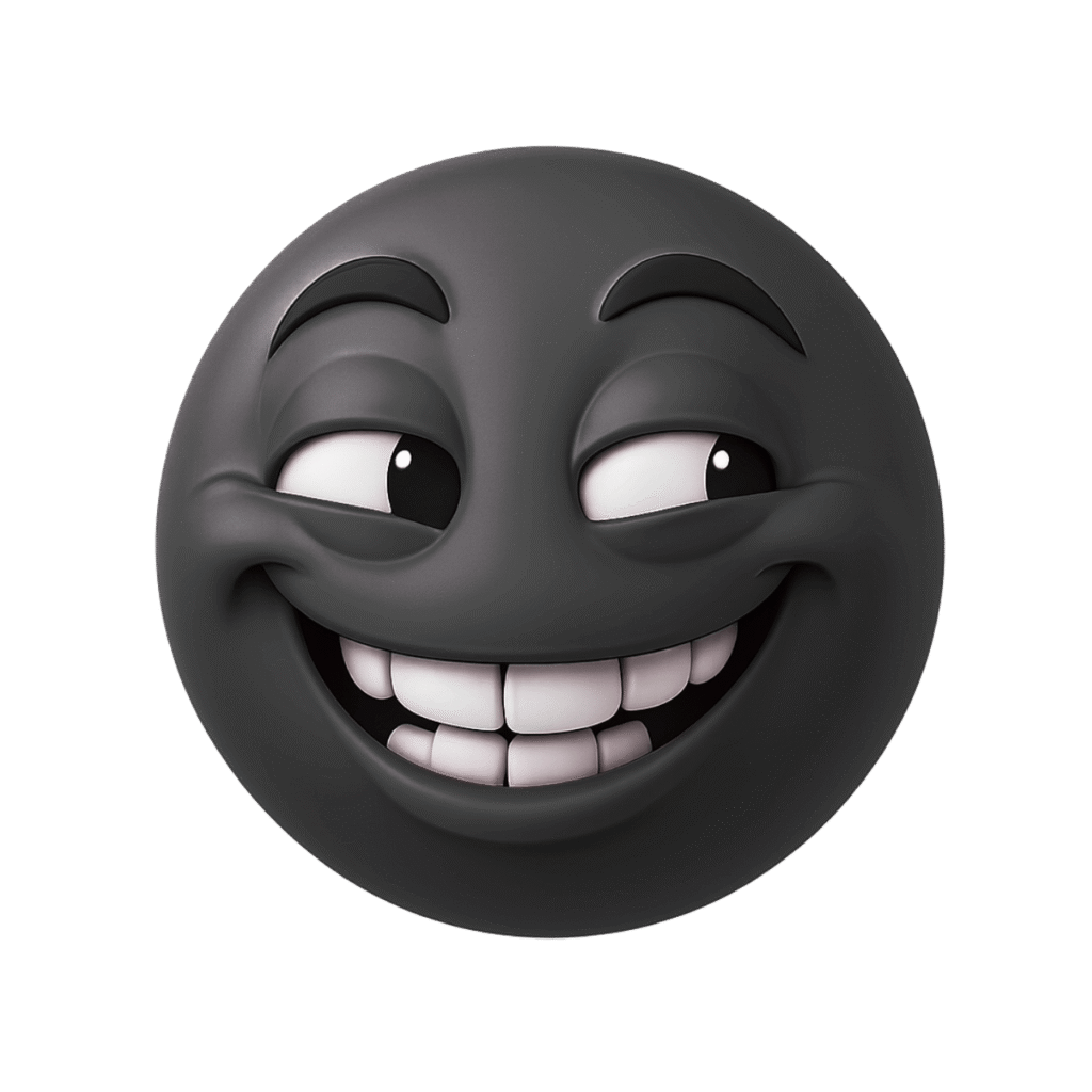 3D black emoji with a mischievous smile, raised eyebrows, and sideways glancing eyes on a transparent background