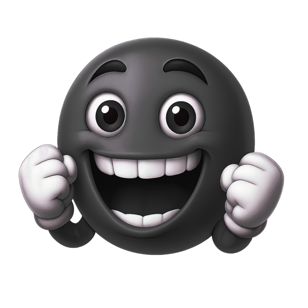 3D Black Happy Emoji with Cheering Hands and Big Smile on Transparent Background