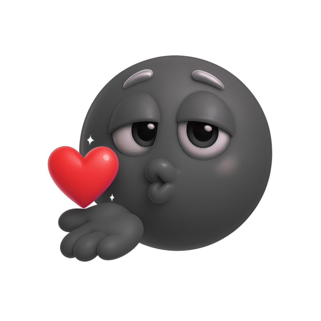3D black kissy face emoji blowing a red heart kiss with sleepy eyes and cartoon hand on transparent background