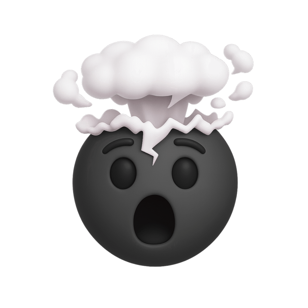 3D black mind blown emoji with surprised face and white cloud explosion on transparent background