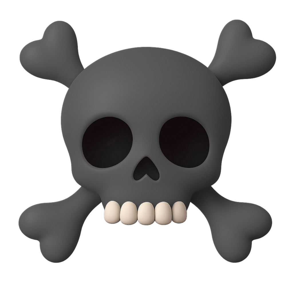 Black Pirate Skull Emoji PNG with Heart-Shaped Crossbones and Beige Teeth – Transparent Background
