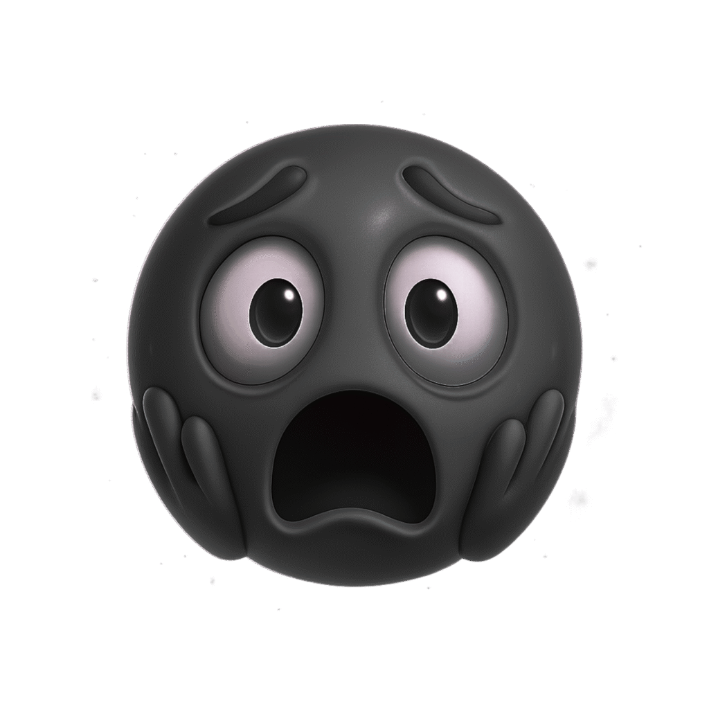 3D black shocked emoji with wide eyes, open mouth, and hands on face showing a terrified and dramatic expression