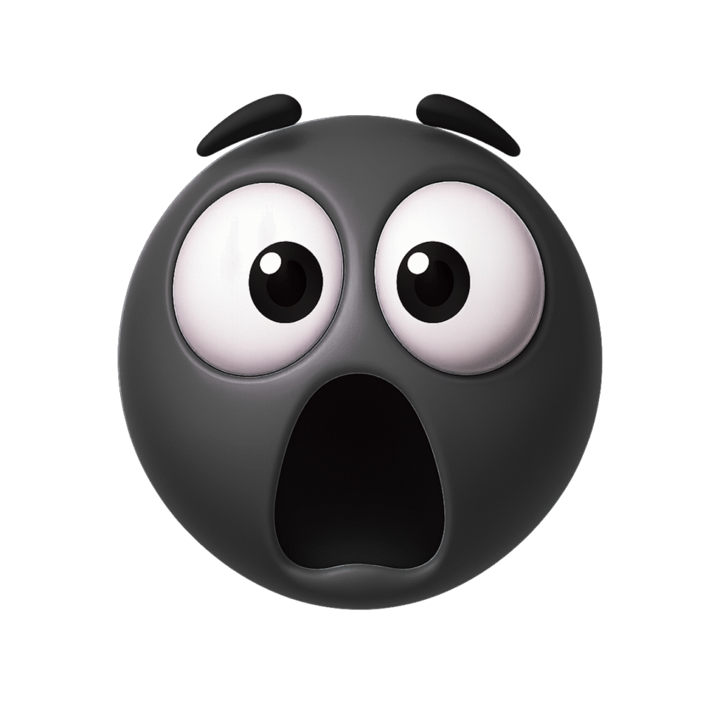 3D black shocked emoji face with large white eyes and open mouth on transparent background, expressing fear or intense surprise