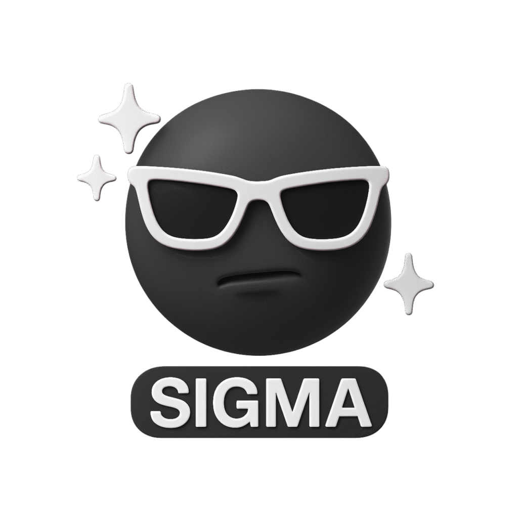 3D black sigma emoji wearing white sunglasses with sparkles, confident expression, and bold "SIGMA" text on a transparent background.