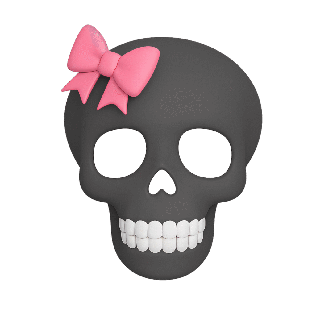 Black skull emoji with a soft pink bow, combining cute and spooky aesthetics on a transparent background – perfect for Halloween and fun digital design.