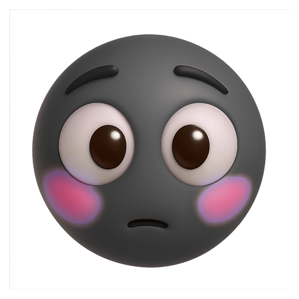 "3D Black Sus Emoji Face with Wide Eyes and Blushing Cheeks PNG Clipart on Transparent Background"